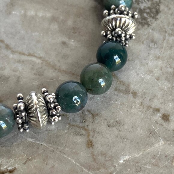Sterling Silver 925 Round Green Moss Agate Beaded Bracelet Sz 6.75" - Picture 7 of 16